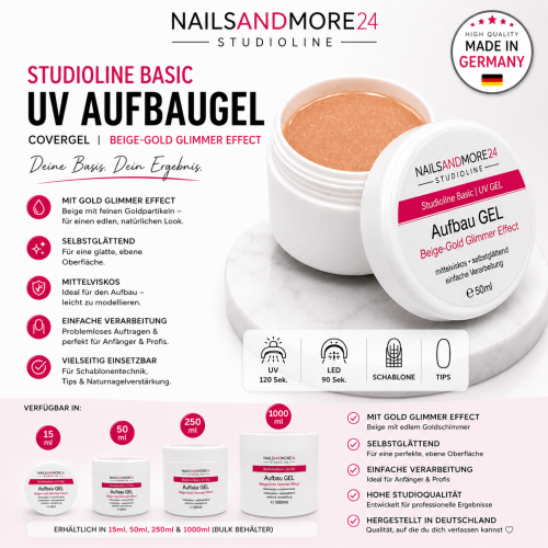 Studioline Basic | UV Aufbaugel - Covergel Beige-Gold Glimmer Effect (Auswahl 15ml -250ml)